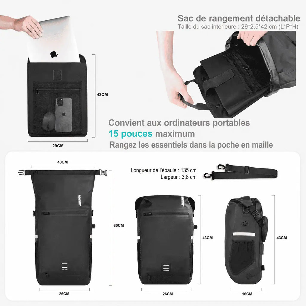 Sac intérieur de 29 x 42 cm à fixation par boucles métalliques, avec poche en maille pour souris et téléphone
