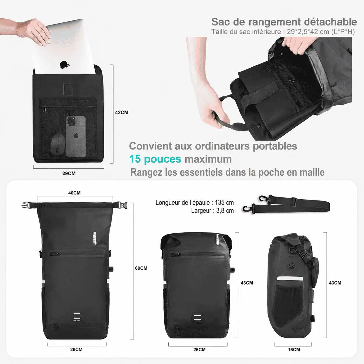 Sac intérieur de 29 x 42 cm à fixation par boucles métalliques, avec poche en maille pour souris et téléphone