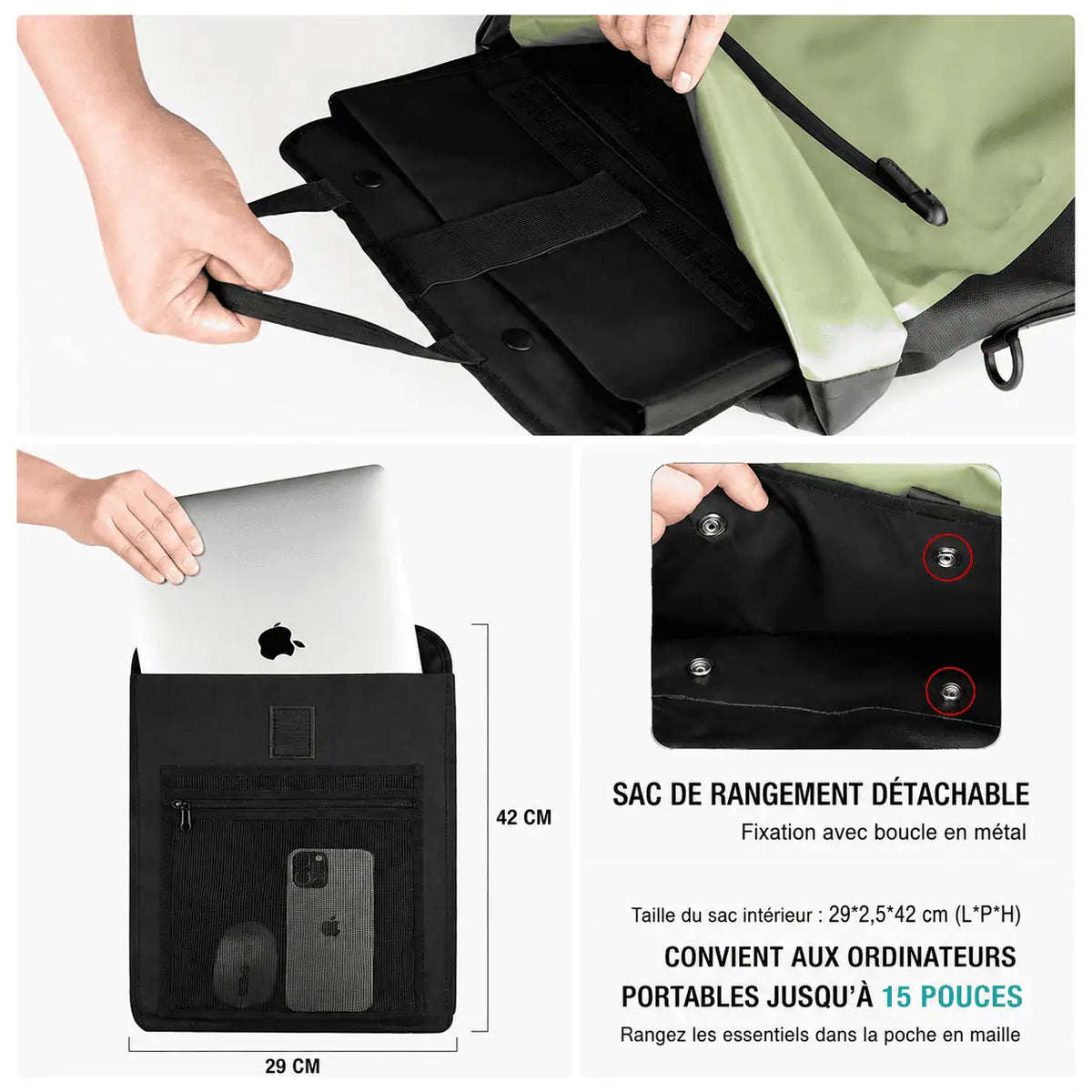 Sac de rangement détachable retiré de la sacoche, ordinateur portable 15 pouces inséré dans le compartiment