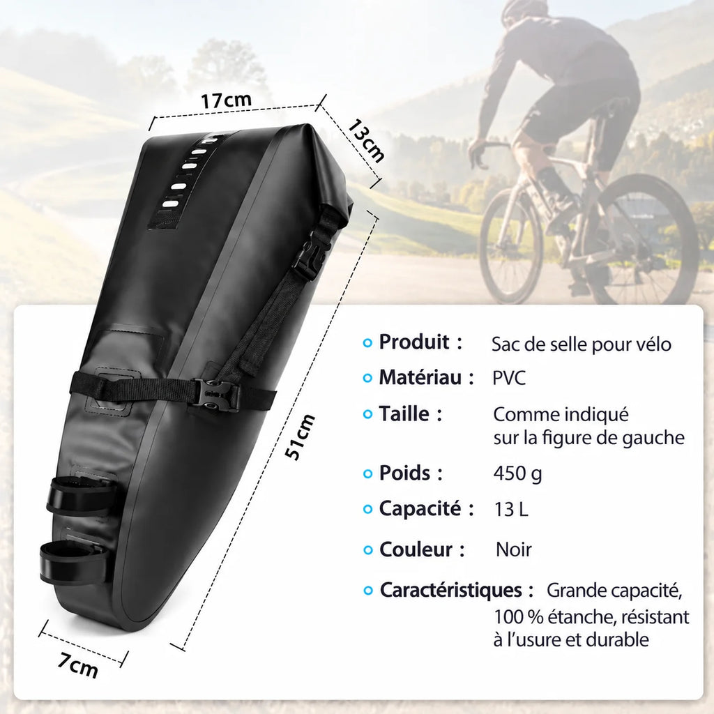 Caractéristiques de la sacoche : 13 L, PVC, 450 g, coloris noir