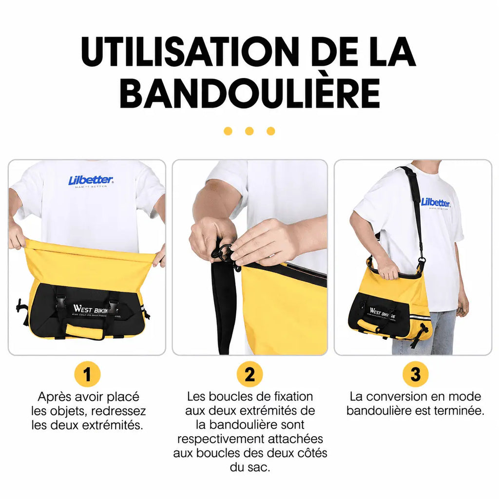 Utilisation de la bandoulière amovible : fixation des boucles aux deux extrémités puis portage à l'épaule