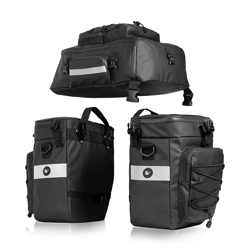 Ensemble de trois sacoches de porte-bagage noires presentees separement, avec bandes reflechissantes, sur fond blanc.