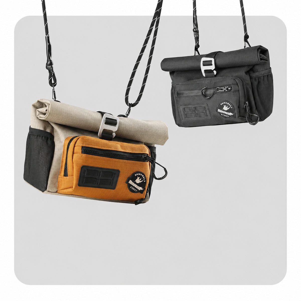 Deux sacoches de vélo bandoulière roll-top, une beige et orange et une noire