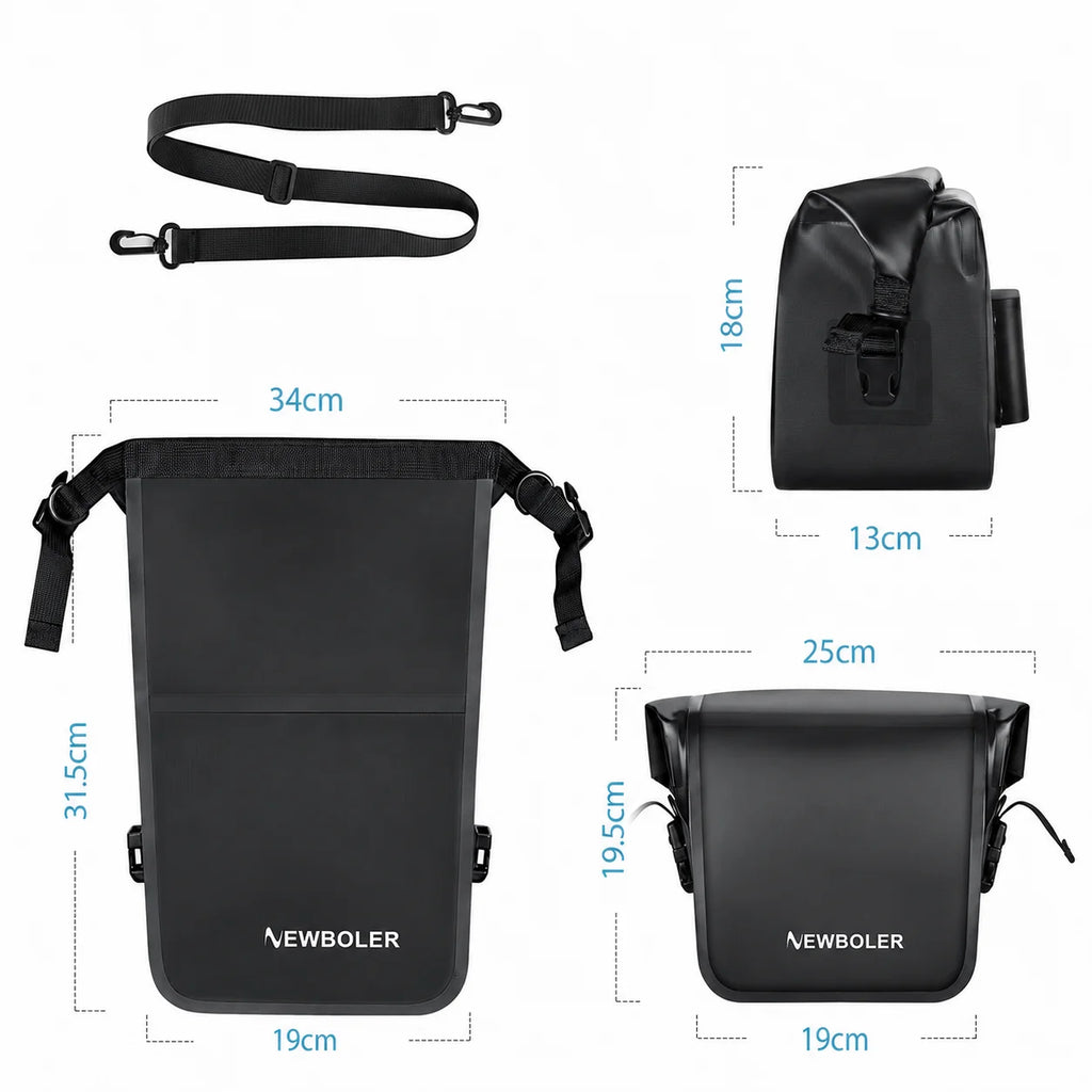Deux sacoches de vélo Newboler noires avec leurs dimensions, grande et petite taille