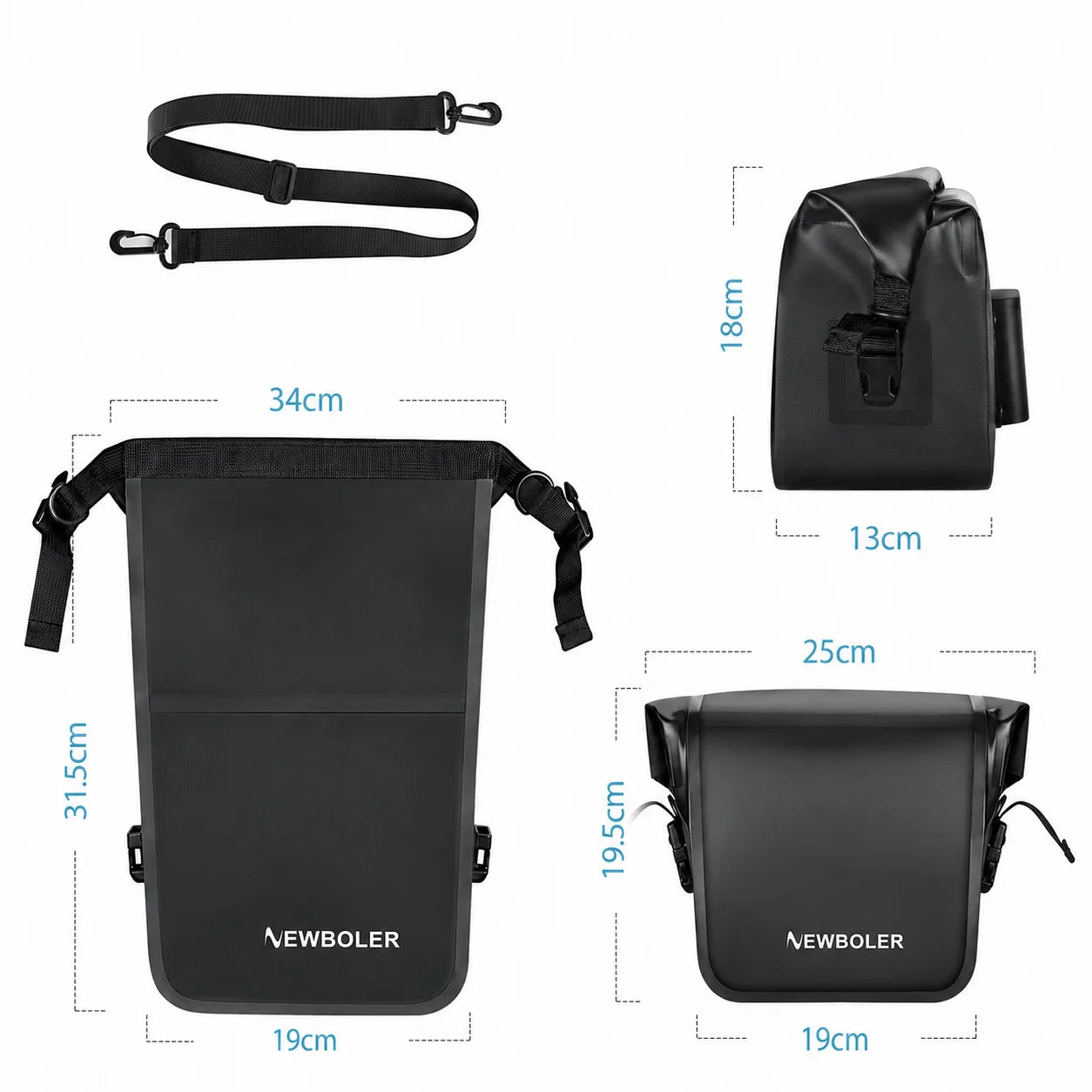 Deux sacoches de vélo Newboler noires avec leurs dimensions, grande et petite taille