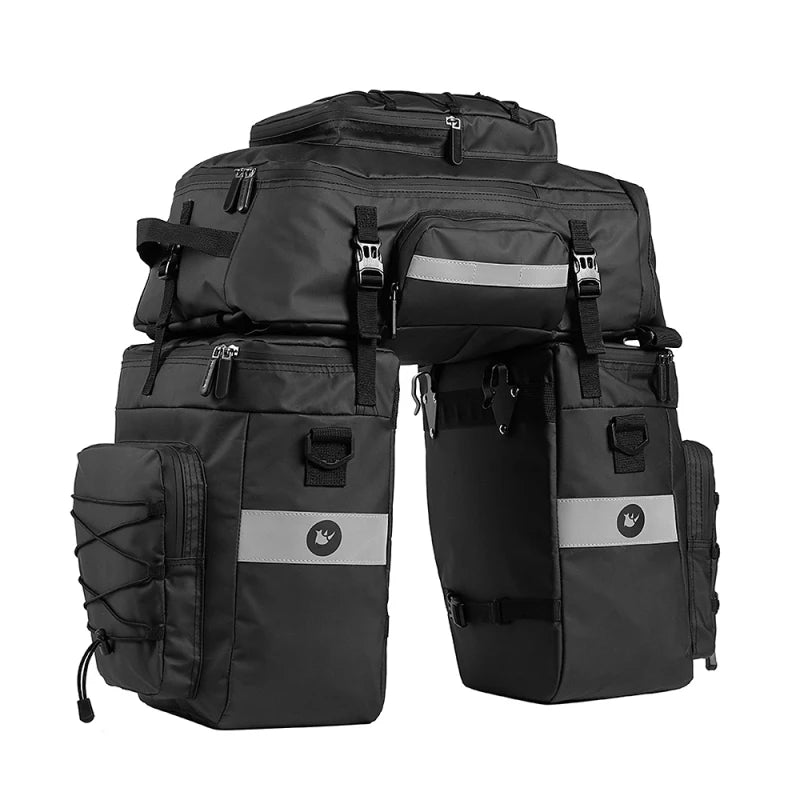 Set de trois sacoches de porte-bagages noires avec bandes reflechissantes, comprenant deux sacoches laterales et une sacoche centrale.