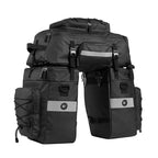 Set de trois sacoches de porte-bagages noires avec bandes reflechissantes, comprenant deux sacoches laterales et une sacoche centrale.