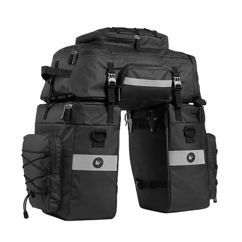 Set de trois sacoches de porte-bagages noires avec bandes reflechissantes, comprenant deux sacoches laterales et une sacoche centrale.