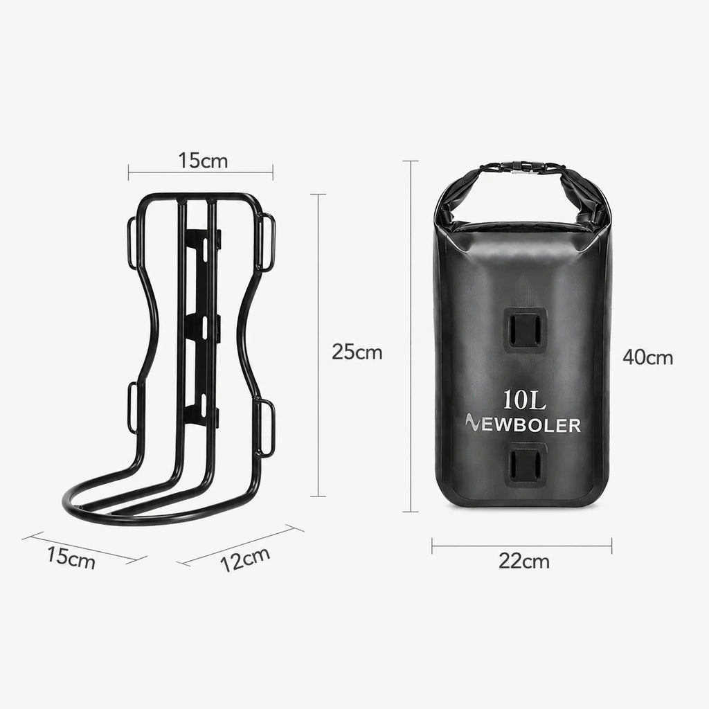 Support de cadre velo noir et sacoche etanche cylindrique noire de 10 litres avec dimensions en centimetres.