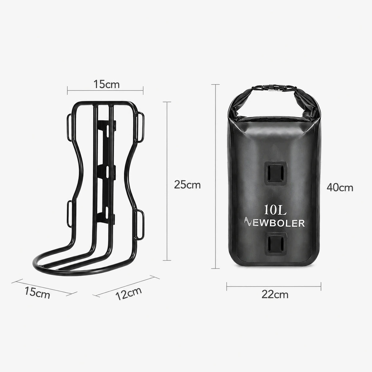 Support de cadre velo noir et sacoche etanche cylindrique noire de 10 litres avec dimensions en centimetres.