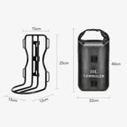 Support de cadre velo noir et sacoche etanche cylindrique noire de 10 litres avec dimensions en centimetres.