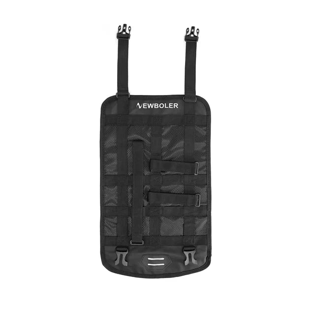 Support de fixation rapide pour sacoche de porte-bagage, noir, avec sangles et clips d'attache.