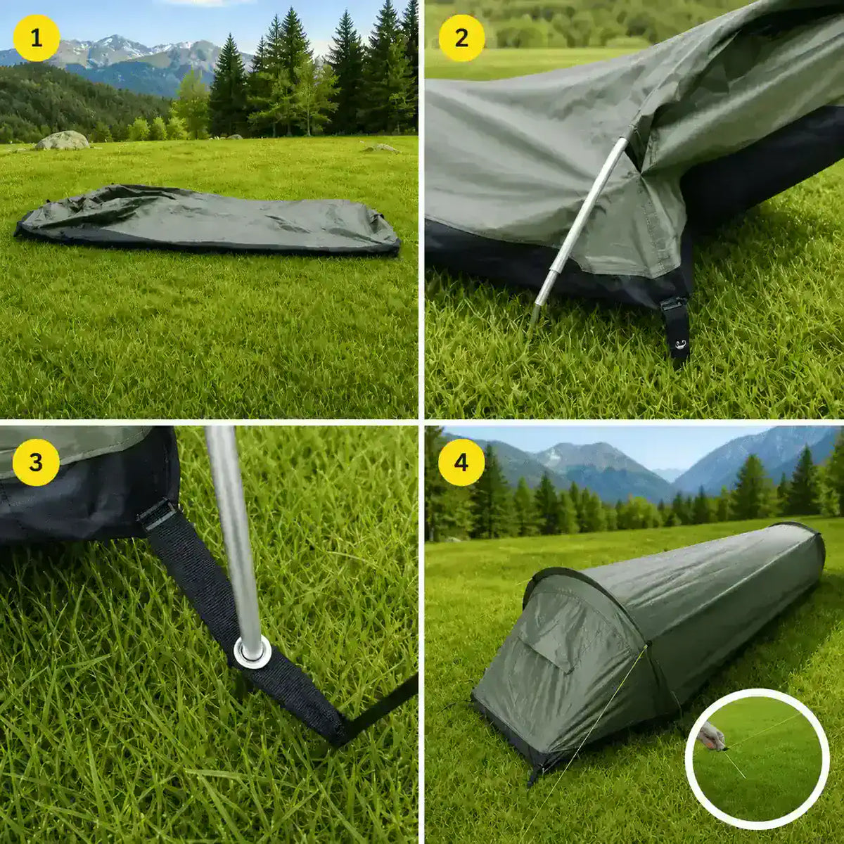 Tente de bivouac 1 place installée sur terrain herbeux
