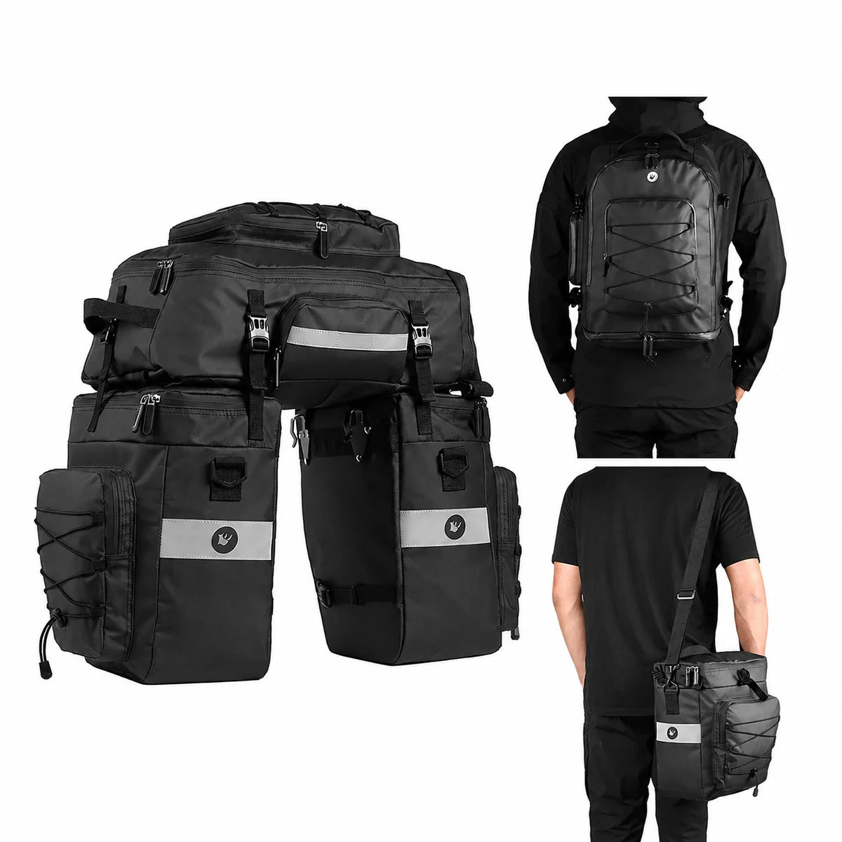 Triple sacoche de porte-bagage vélo noire 3 en 1 avec bandes réfléchissantes portée en sac à dos et en bandoulière