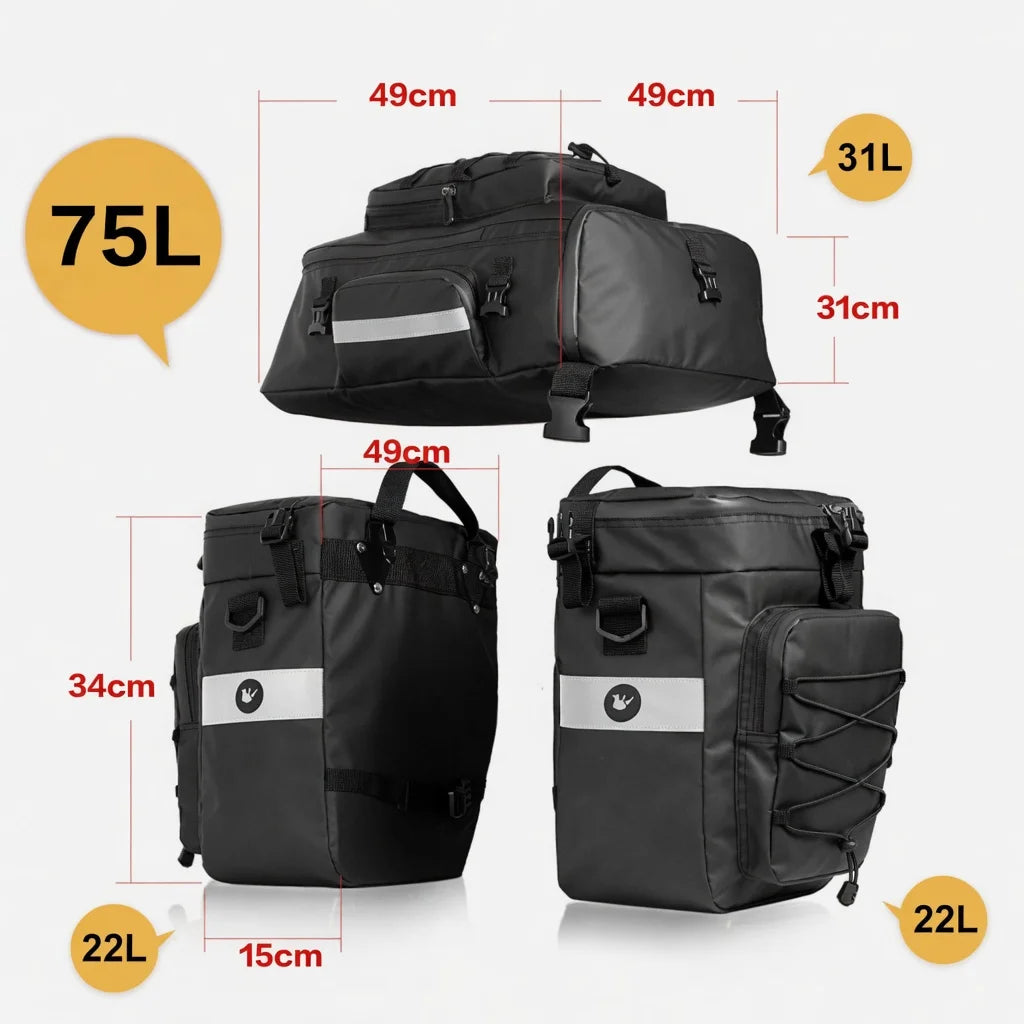Schéma des dimensions d'une triple sacoche de porte-bagage vélo noire 75L total avec mesures en cm