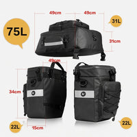 Schéma des dimensions d'une triple sacoche de porte-bagage vélo noire 75L total avec mesures en cm